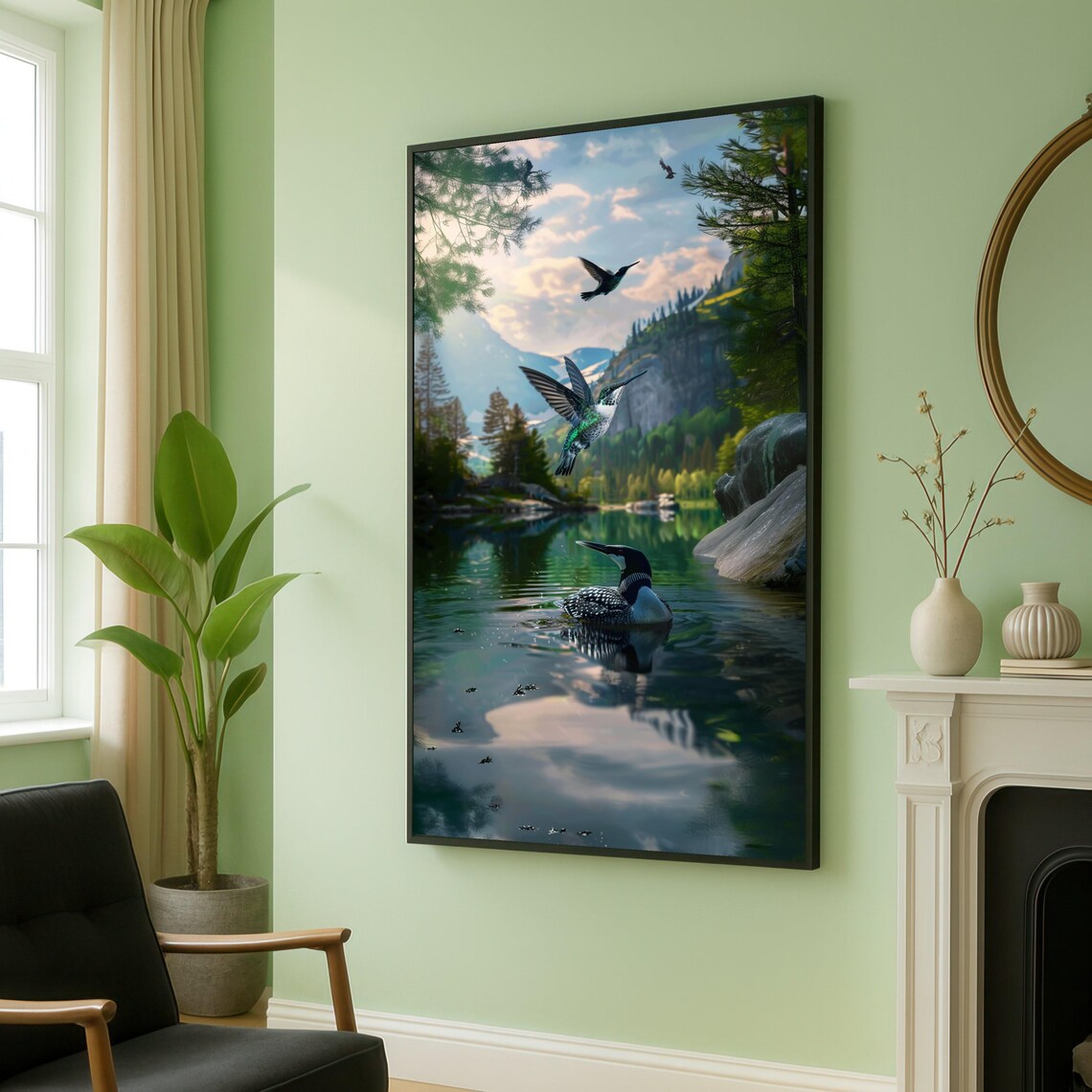 Hummingbird And Loon Mountain Lake Forest Wildlife Art Poster