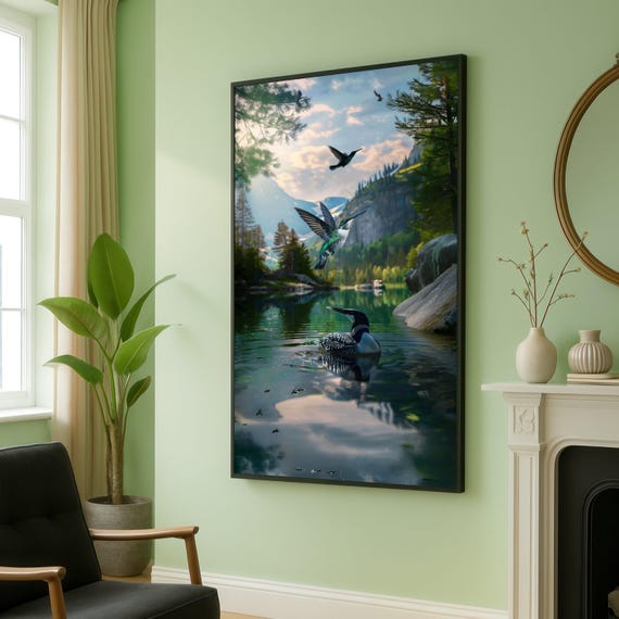 Tranquil Mountain Lake With Hummingbirds And Loon Canvas Wall Art Nature Wildlife Scene Forest Reflection Landscape Scenic Decor