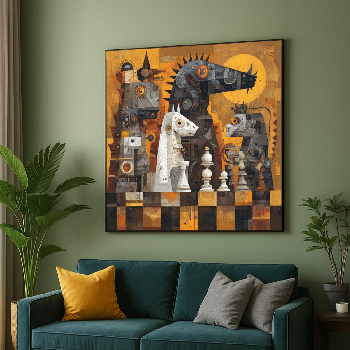 Abstract Cubist Chess Horses Surreal Geometric Game Art Poster