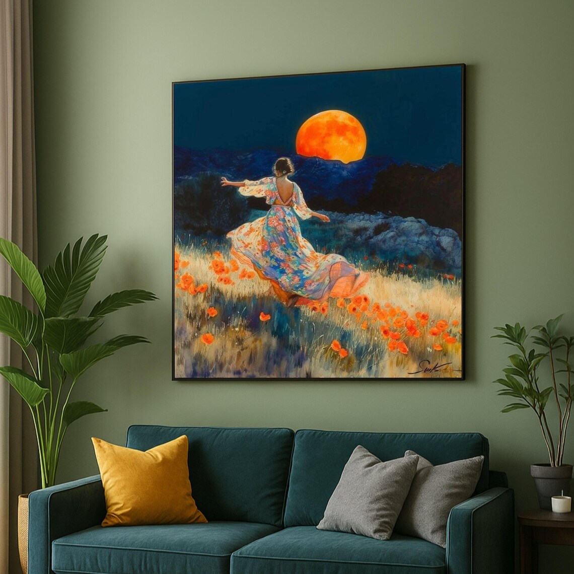 Woman Dancing In Poppy Field Under Giant Orange Moonlight Poster