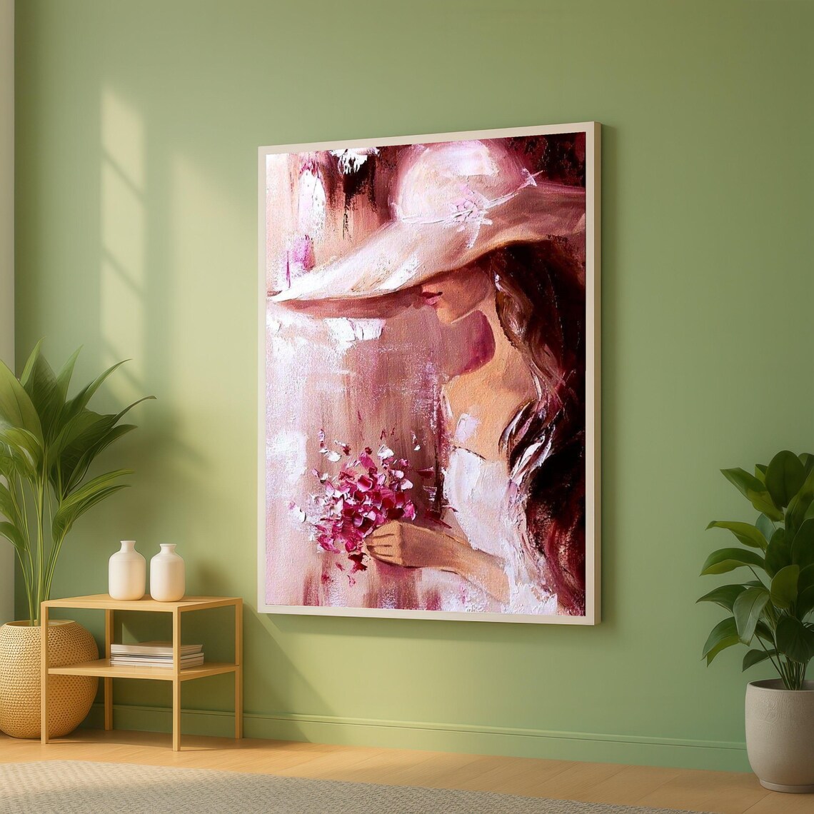 Woman In Wide Brim Hat With Flowers Romantic Pink Painting Poster