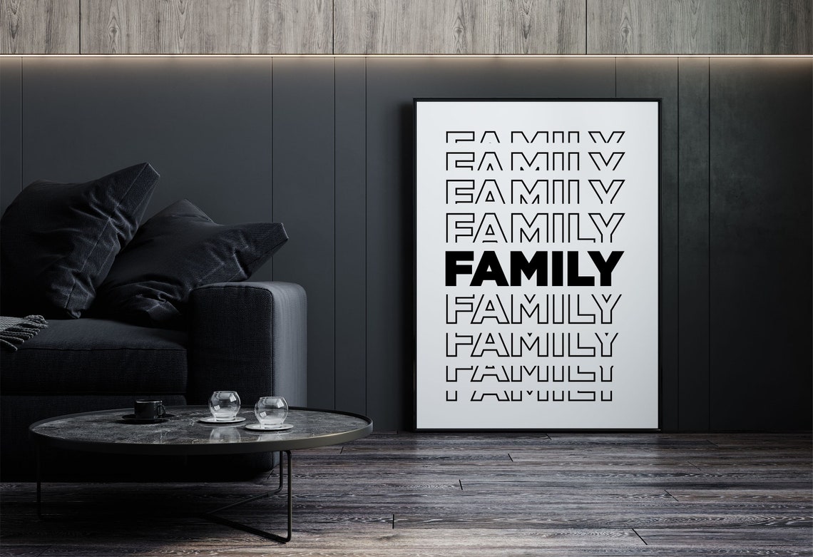 Family Repeated Stacked Typography Minimalist Black White Print Art - Image 2