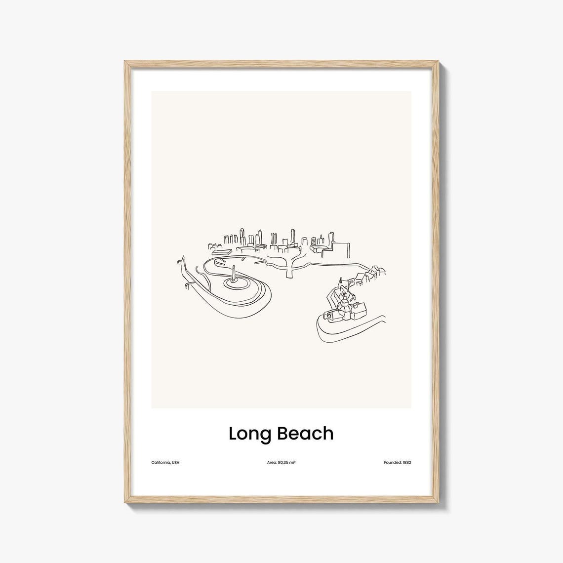 Long Beach California USA Coast City Skyline One Line Drawing Poster