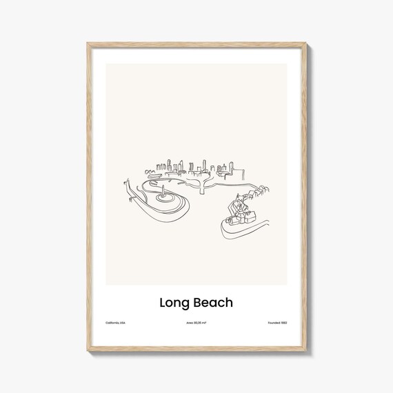 Long Beach California USA Coast City Skyline One Line Drawing Poster