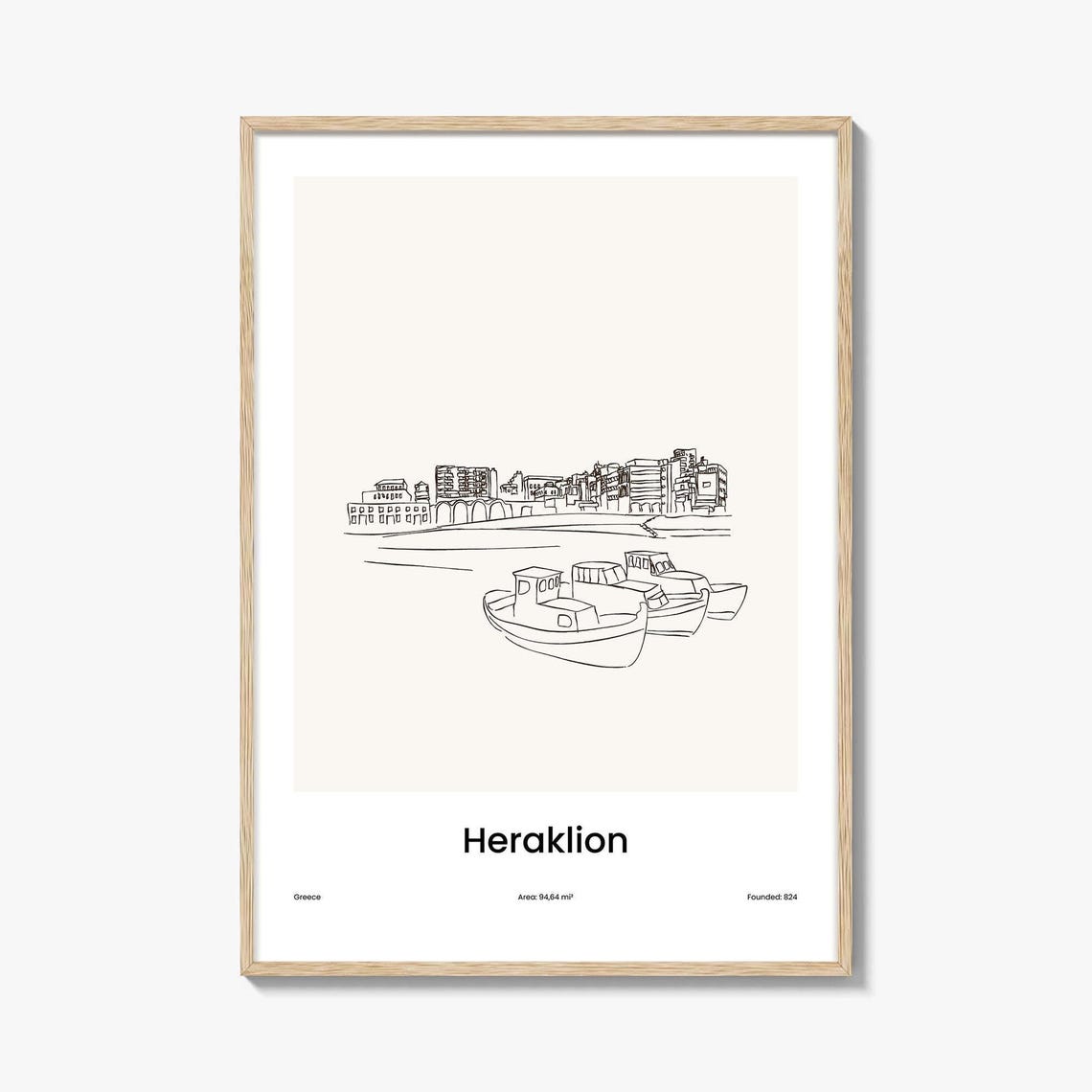 Heraklion Greece Harbor Boats Minimalist Line Drawing Poster
