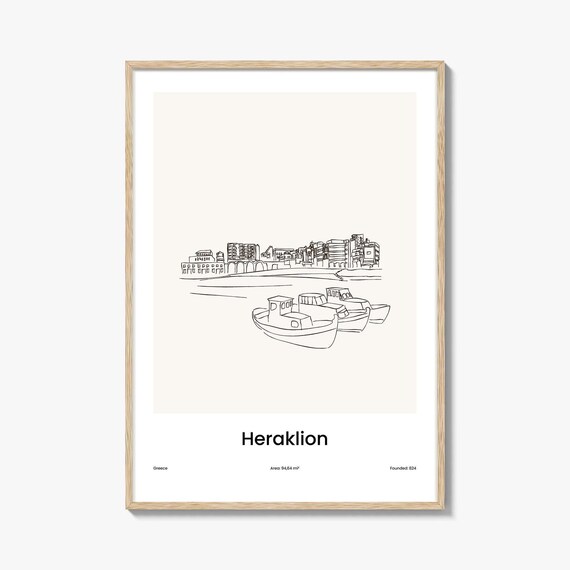 Heraklion Greece Harbor Boats Minimalist Line Drawing Poster