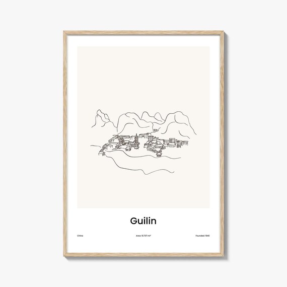 Guilin China Karst Mountains River Town Line Art Poster Minimalist Travel Home Gift