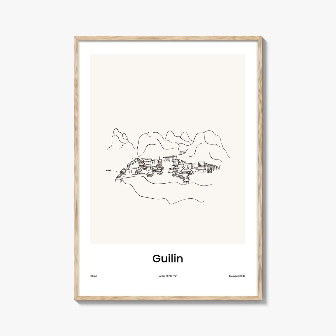 Guilin China Karst Mountains River Town Line Art Poster Minimalist Travel Home Gift