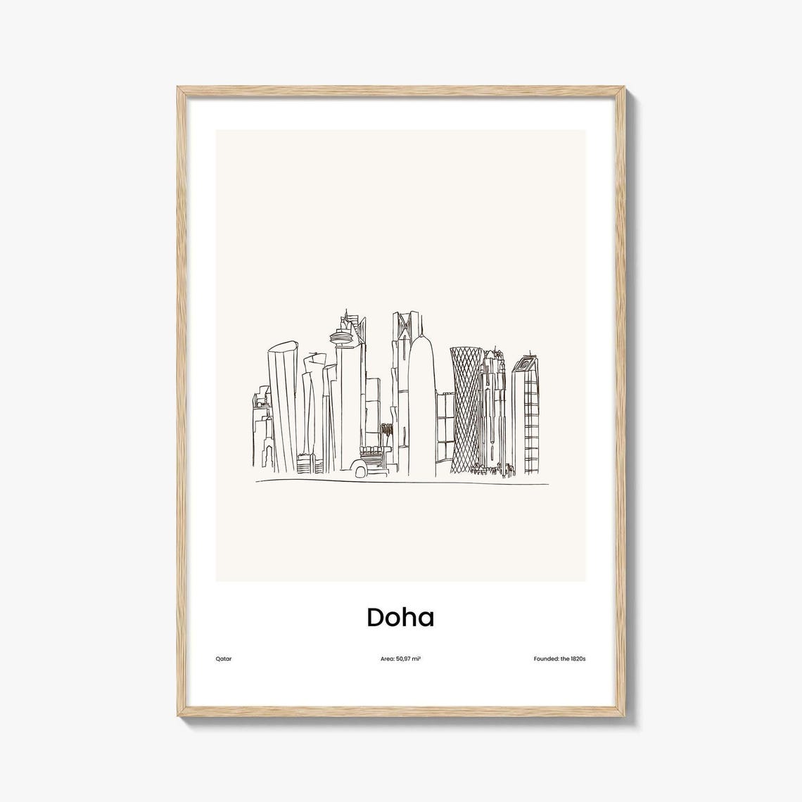 Doha Qatar Modern Downtown Skyline Minimalist Line Drawing Poster