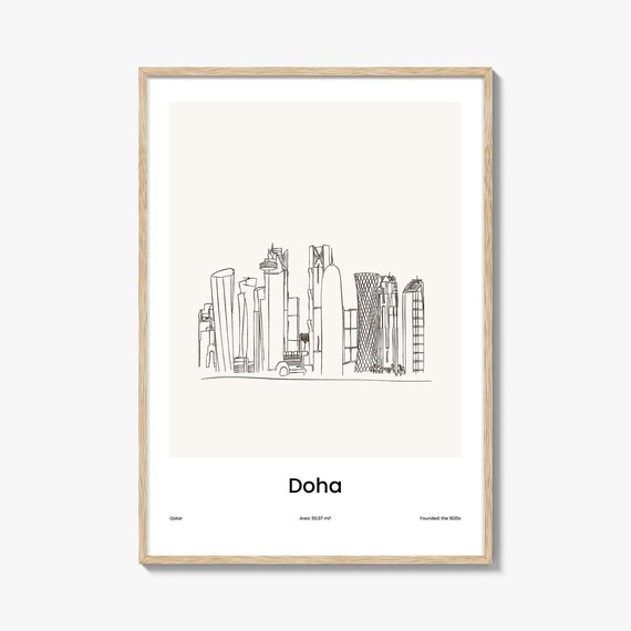 Doha Qatar Modern Downtown Skyline Minimalist Line Drawing Poster