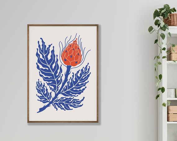 Orange Protea Bloom Bold Botanical Illustration Cream Background Poster