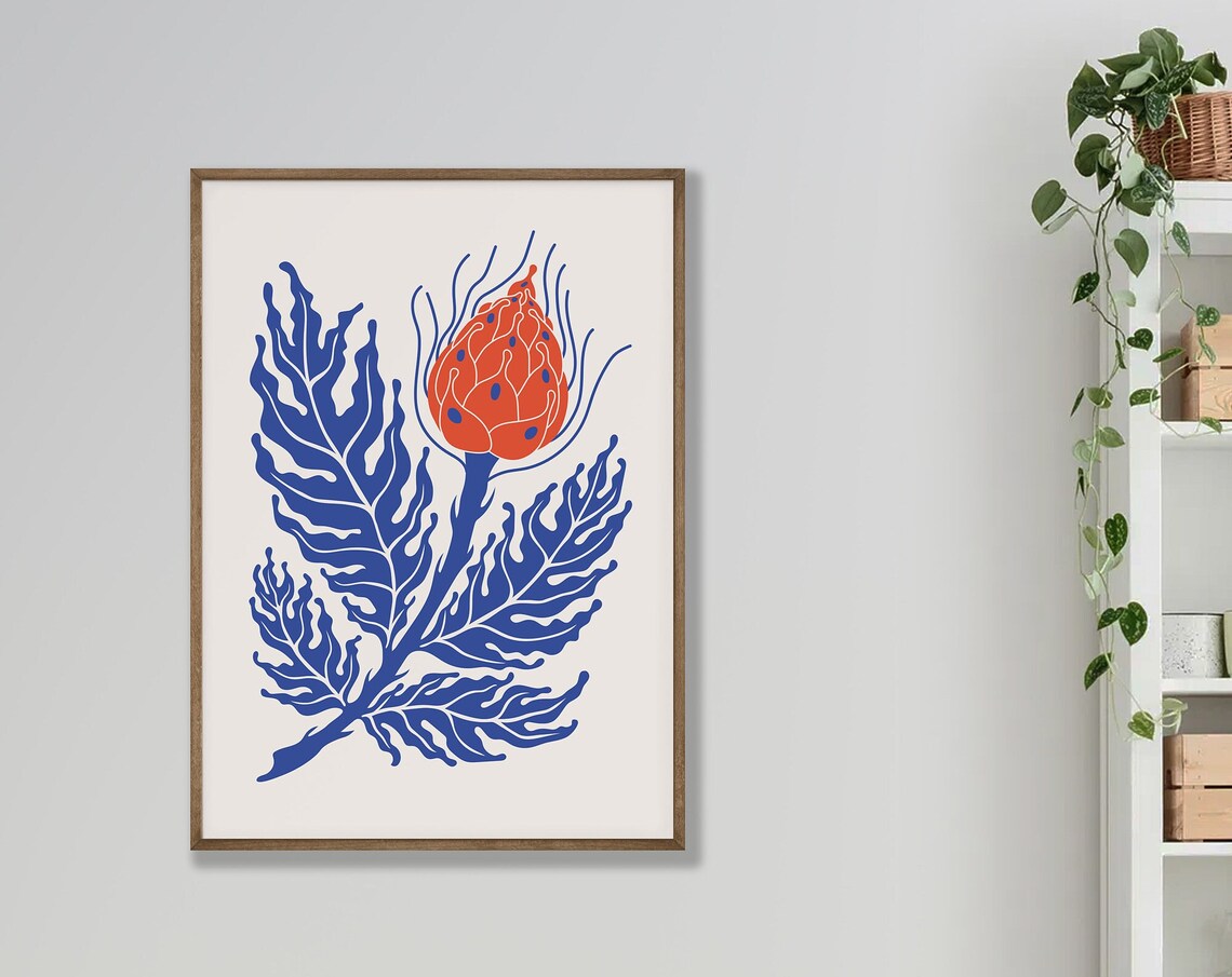 Orange Protea Bloom Bold Botanical Illustration Cream Background Poster
