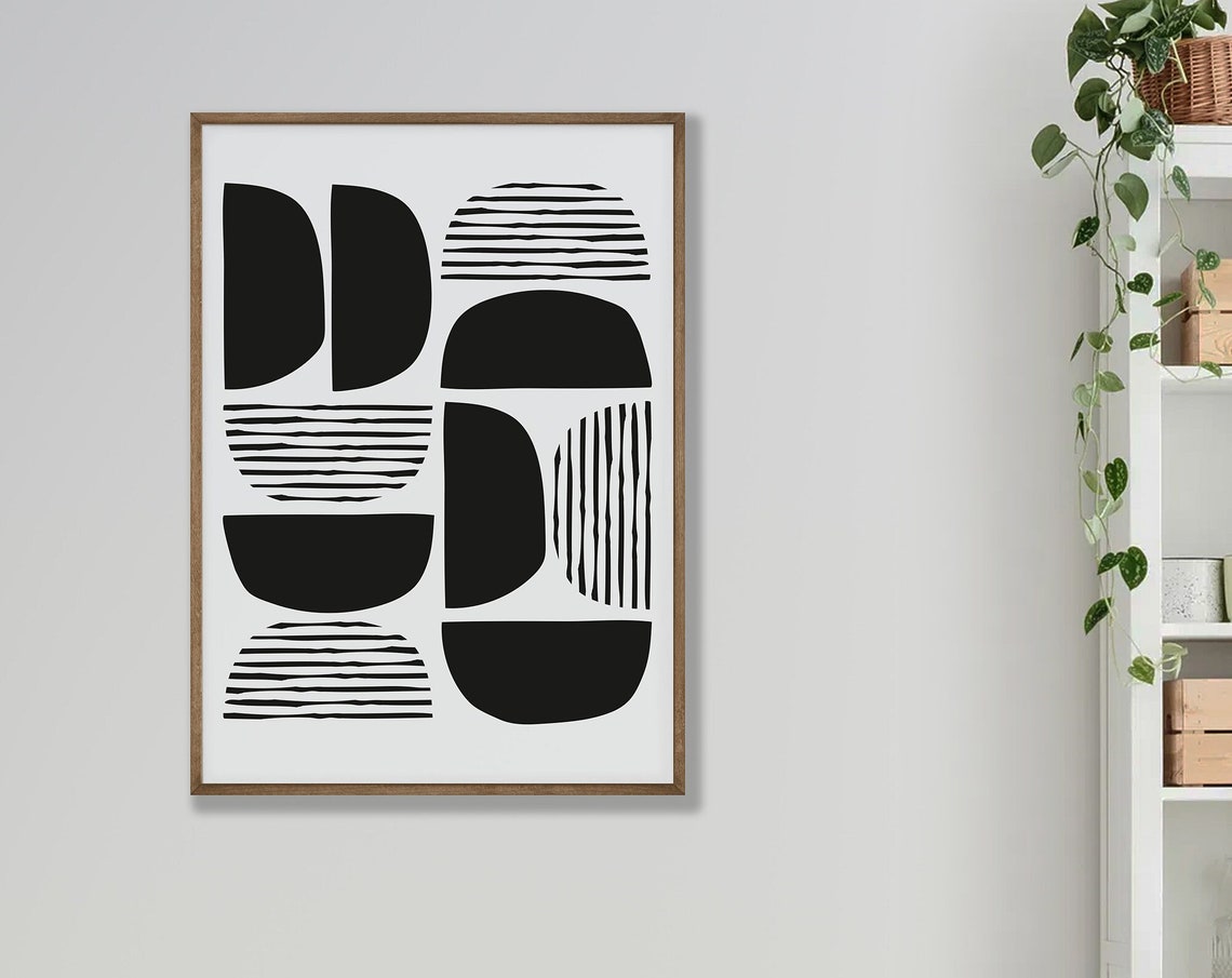 Black and White Mid Century Abstract Shapes Geometric Wall Art