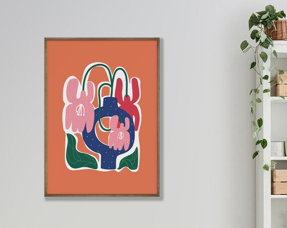 Pink Drooping Flowers in Blue Vase Coral Background Floral Poster