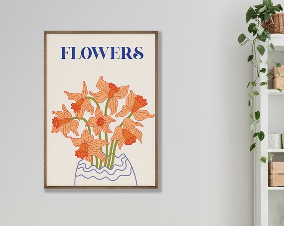 Flowers Text Daffodil Bouquet Orange Modern Retro Floral Poster Art