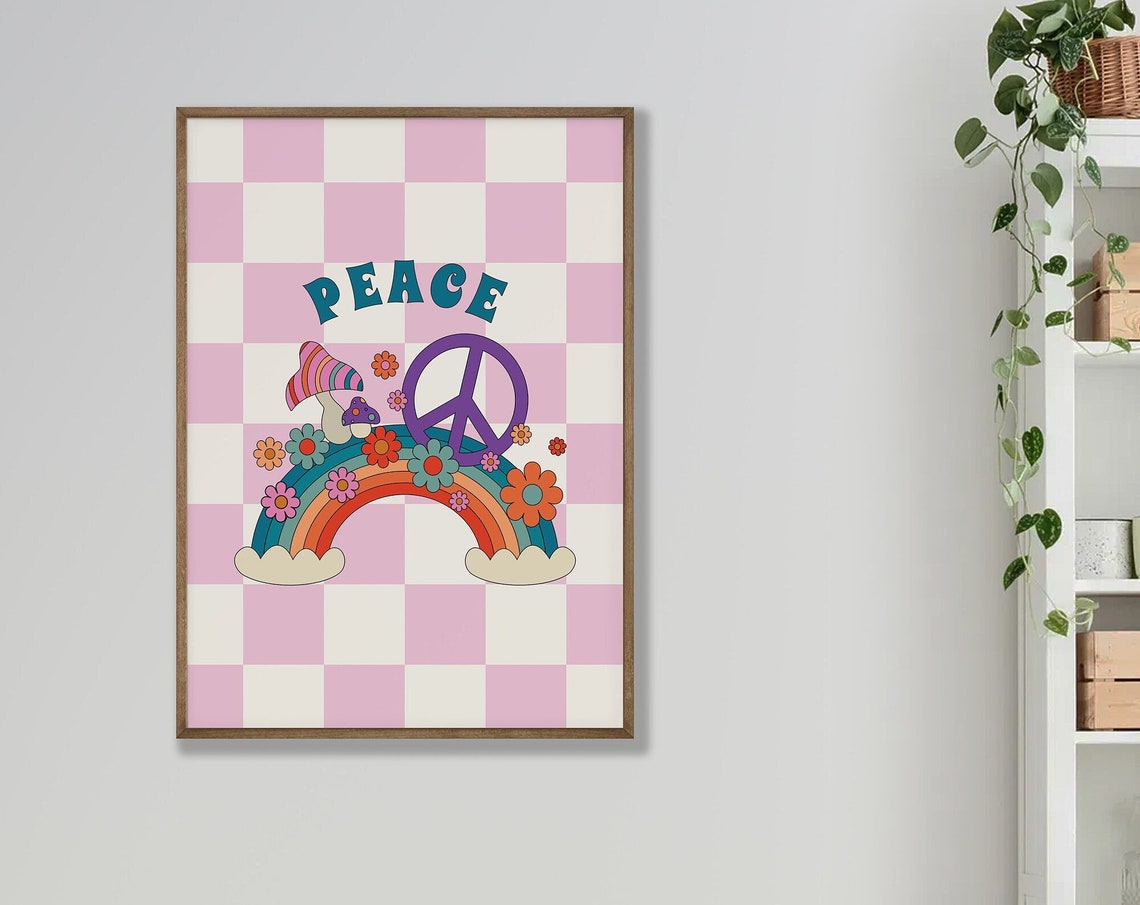 Peace Rainbow Groovy 70s Retro Hippie Style Typography Wall Poster
