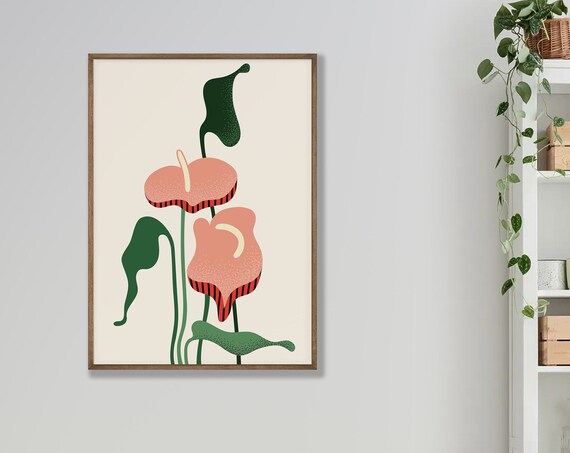 Peachy Anthurium Blooms Mid Century Modern Botanical Illustration Poster