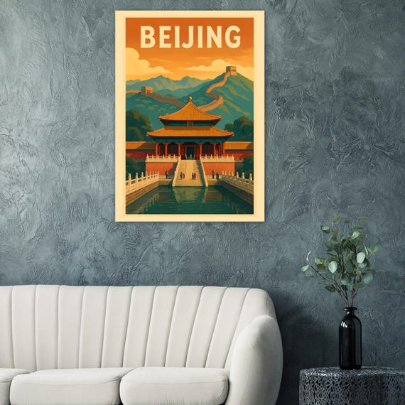 Beijing China Vintage Travel Poster Great Wall Imperial Palace Hall