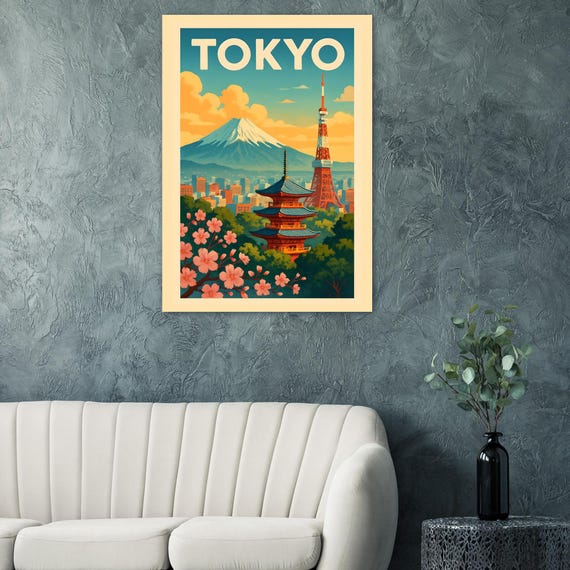 Tokyo Japan Vintage Travel Poster Mount Fuji and Cherry Blossom