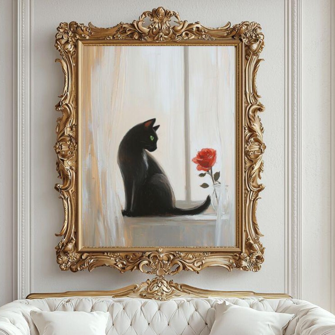 Black Cat with Red Rose on Sunlit Windowsill Minimalist Art Poster