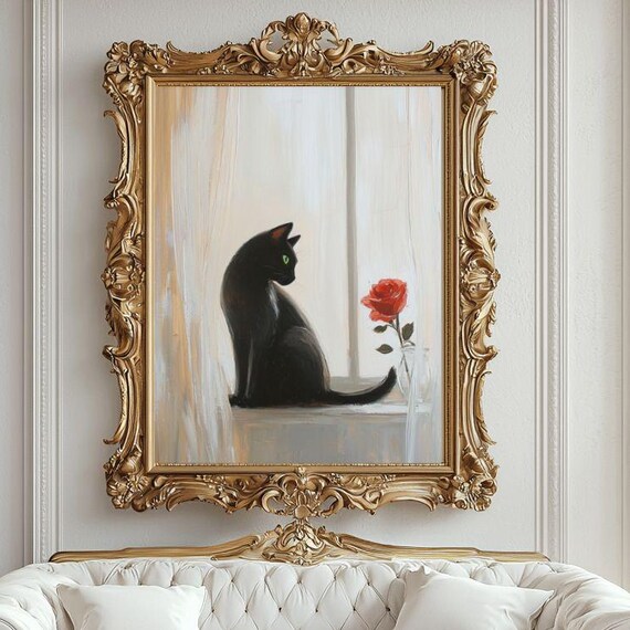 Black Cat with Red Rose on Sunlit Windowsill Minimalist Art Poster