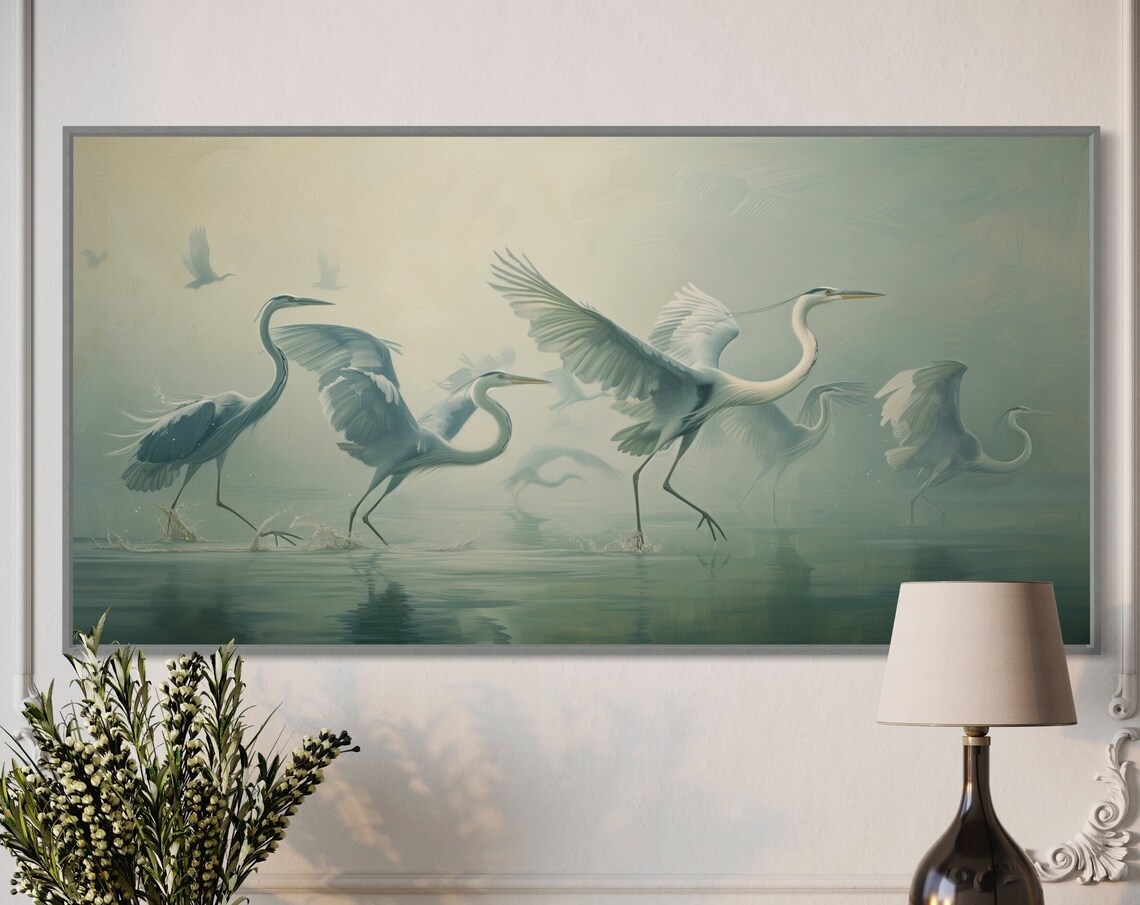 Blue Heron Ballet, Muted Lake Life Wall Art Print