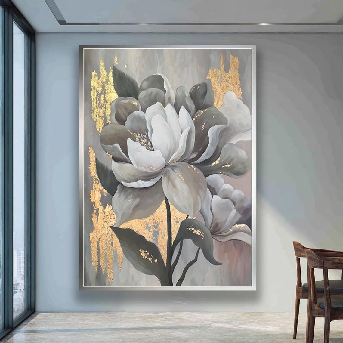White And Grey Peony With Gold Accents Elegant Floral Painting Poster