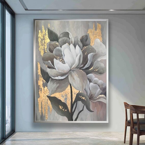 Floral Canvas Wall Art White And Grey Peony Painting With Gold Accents Elegant Modern Botanical Artwork Large Print For Livingroom Decor