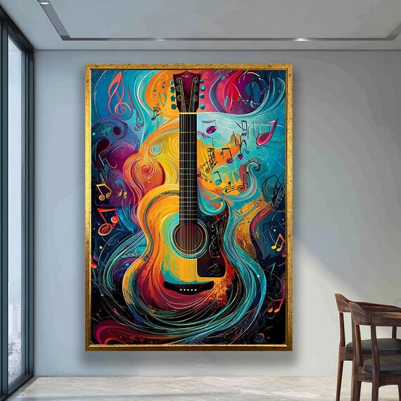 Abstract Colorful Guitar With Swirling Music Notes Vibrant Artwork Poster