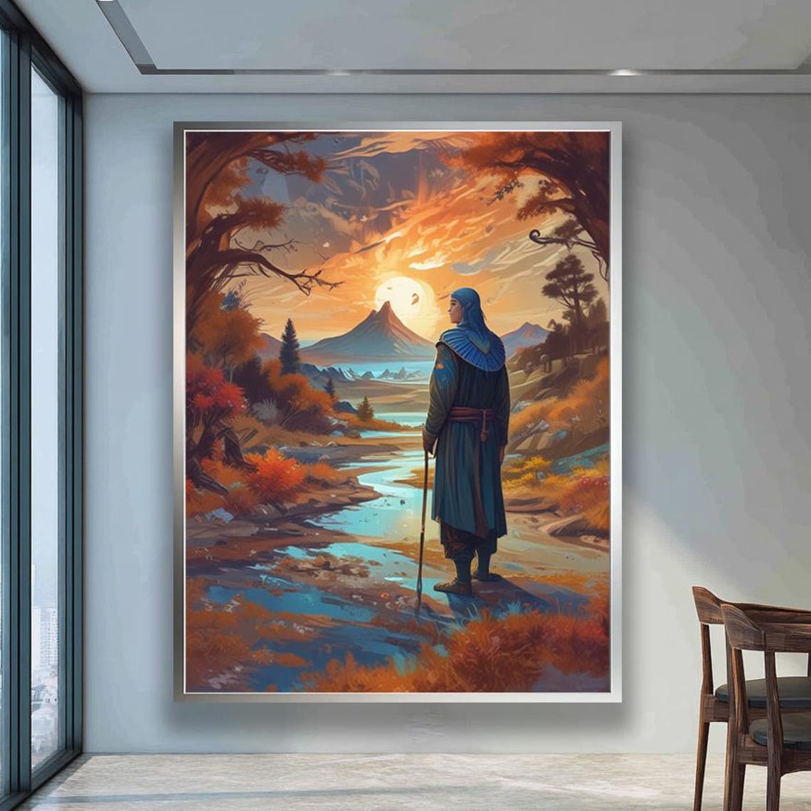 Fantasy Warrior Woman Wanderer at Sunset Mountain Lake Poster