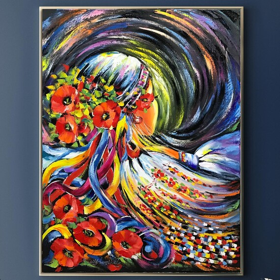 Ukrainian Woman Poppy Flower Wreath Colorful Abstract Folk Oil Painting Poster