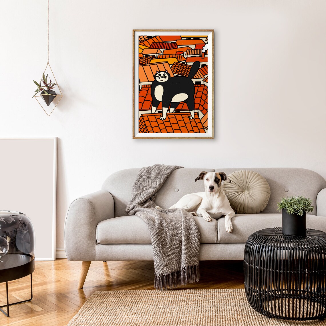 Black Cat on Terracotta Rooftops Whimsical Orange City Poster - Image 2