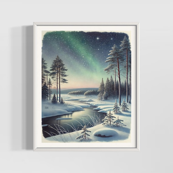 Lapland Finland Aurora Borealis Snowy Forest Night Sky Poster