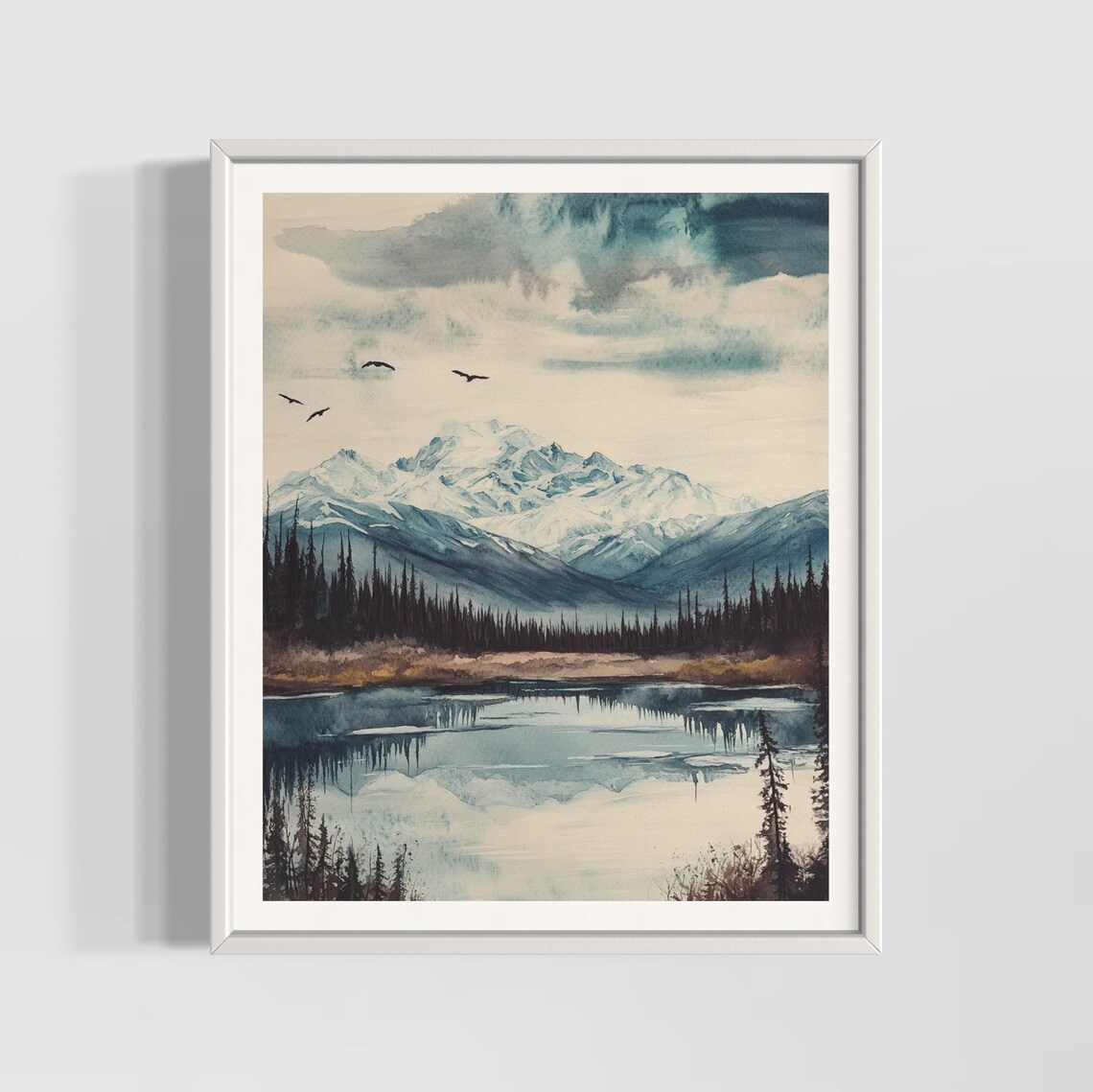 Scenic Denali National Park Alaska Watercolor Mountain Poster