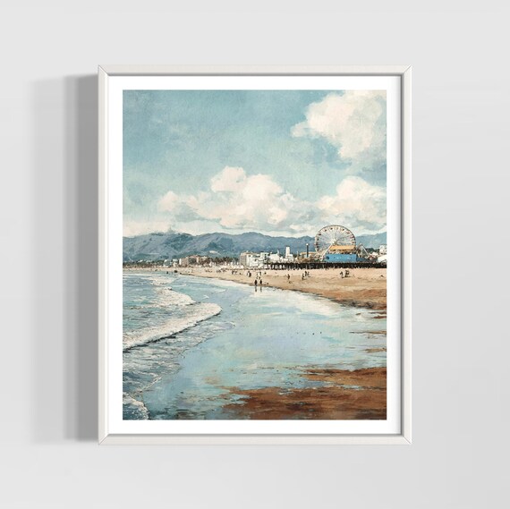 Santa Monica Beach Pier Ferris Wheel Watercolor Coastal Poster