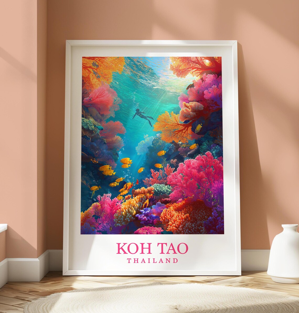 Koh Tao Thailand Scuba Diver Coral Reef Colorful Fish Travel Poster
