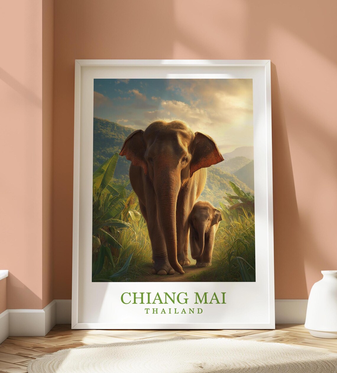 Chiang Mai Thailand Mother and Baby Elephant Jungle Walk Travel Poster