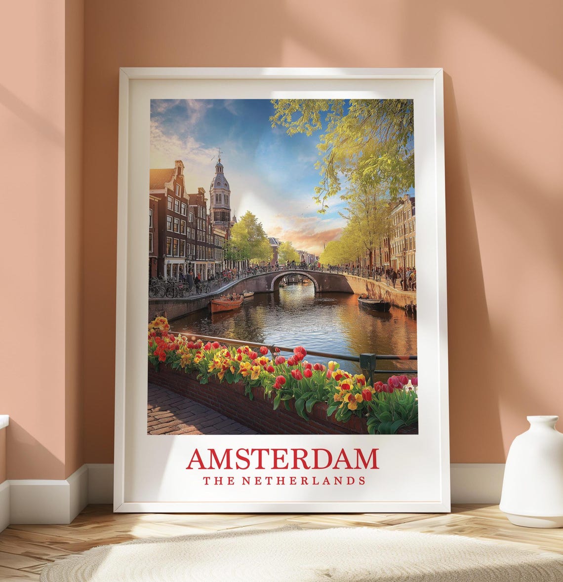 Amsterdam Canal Tulips Bridge Netherlands Travel Poster Dutch City Art