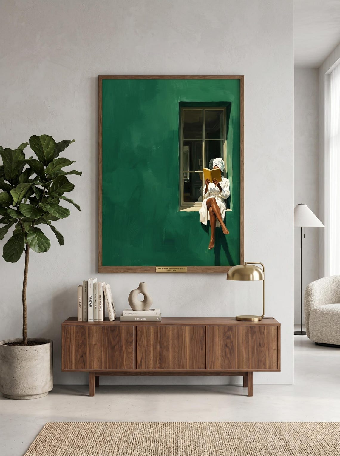 Black Woman Reading Art Print Emerald Window Scene Living Room Wall Minimalist Quiet Luxury - Image 3