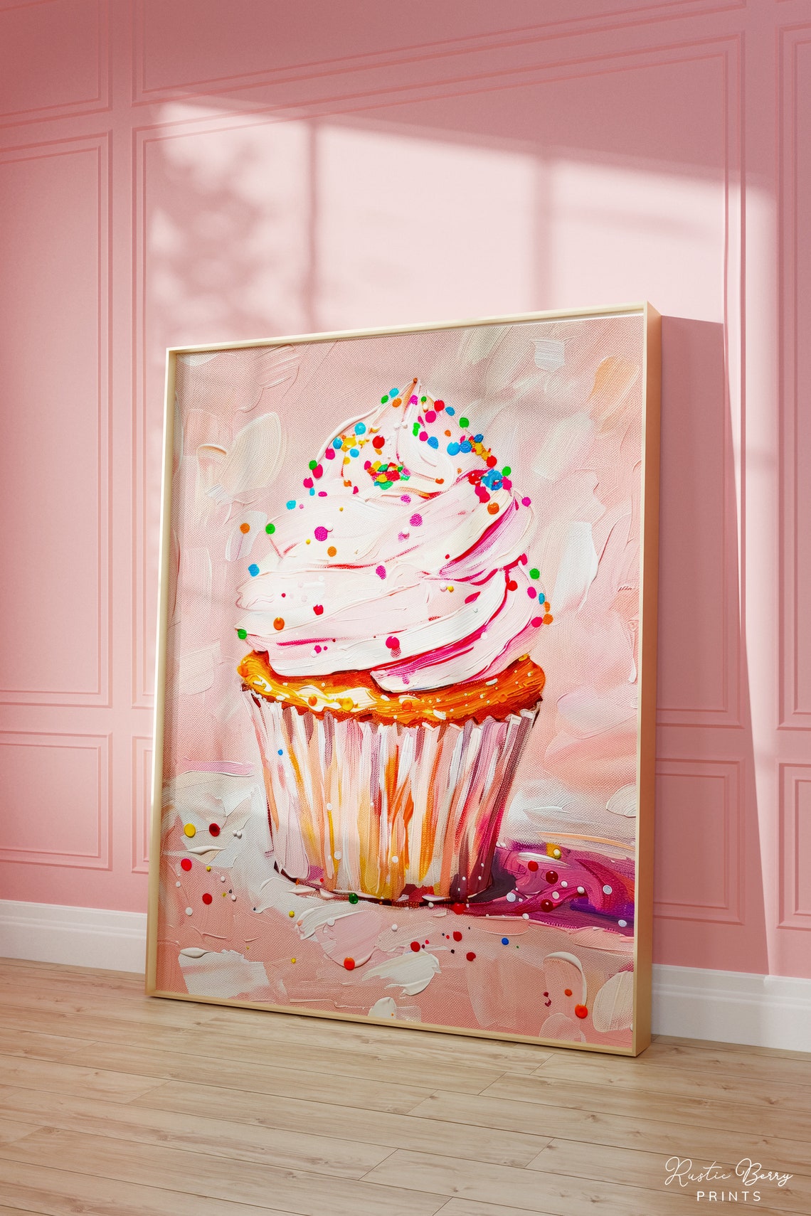 Pink Cupcake White Frosting Rainbow Sprinkles Impasto Bakery Poster