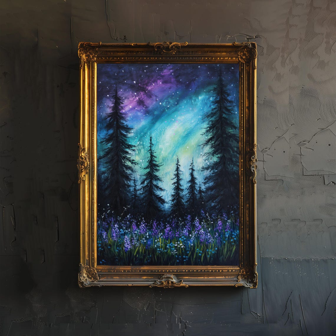 Northern Lights Aurora Night Sky Forest Wildflower Mystical Wall Art