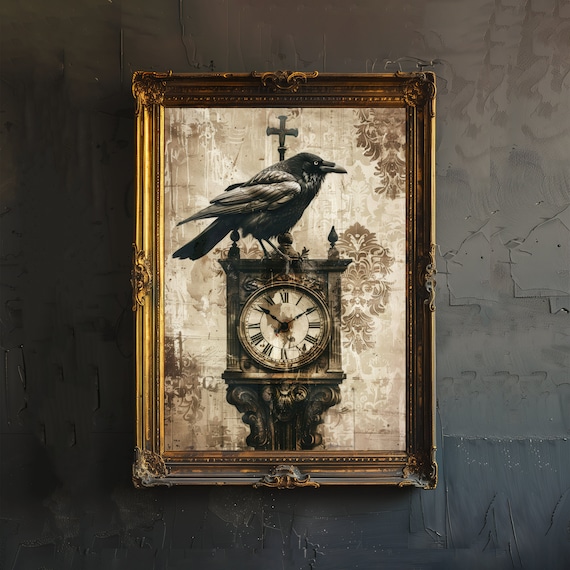 Clock Crow Print, Dark Academia Gothic Decor