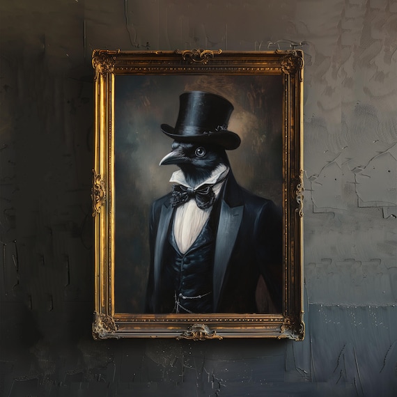 Victorian Crow Gentleman in Top Hat Gothic Oil Portrait Poster