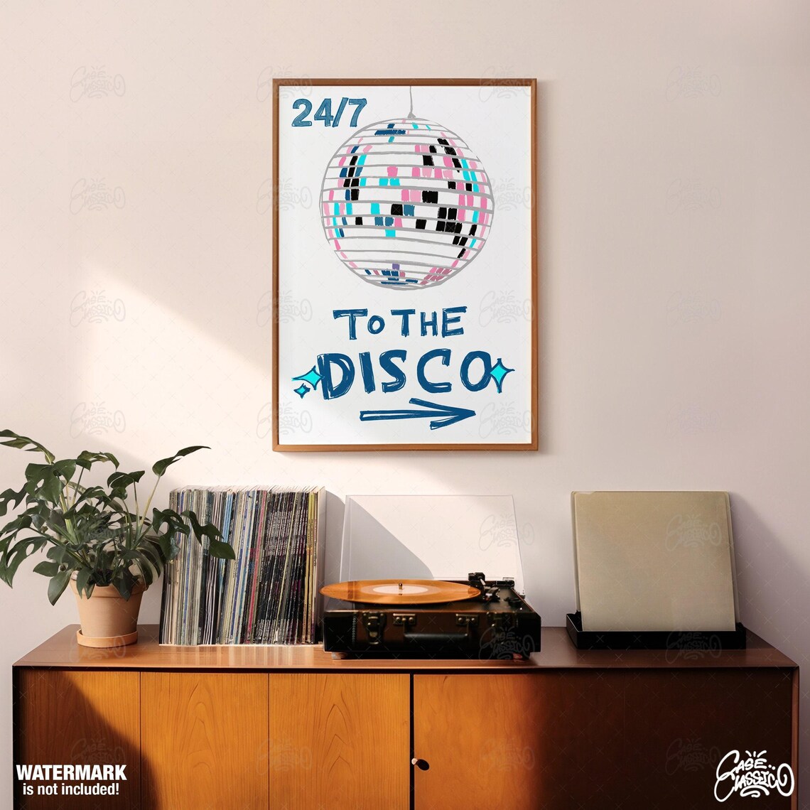 24-7 To The Disco Hand Drawn Blue Retro Dance Party Quote Poster - Image 2