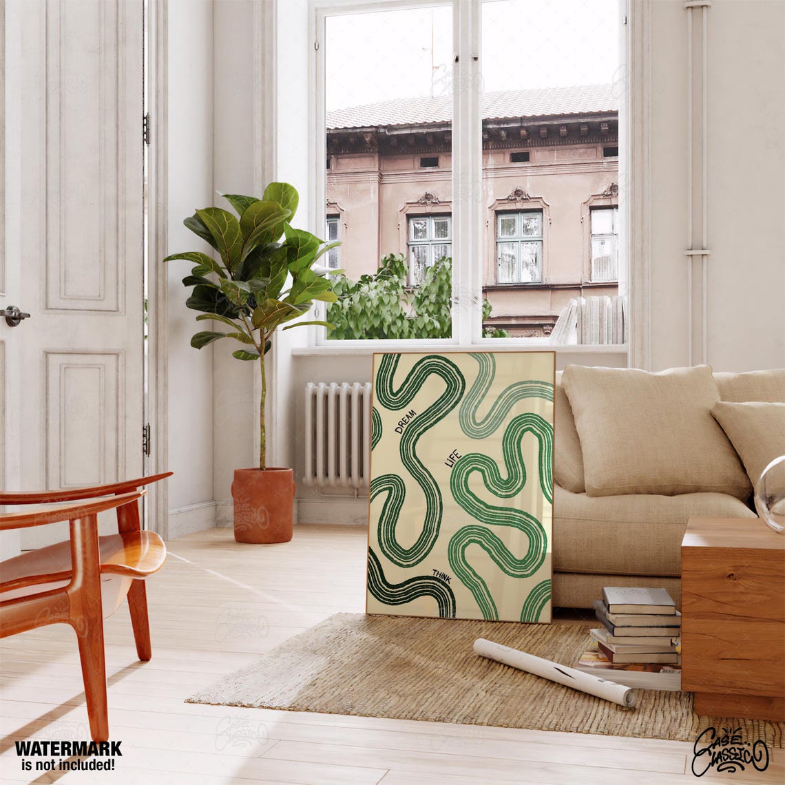 Mid Century Green Squiggle Abstract Dream Life Think Wall Art - Image 3