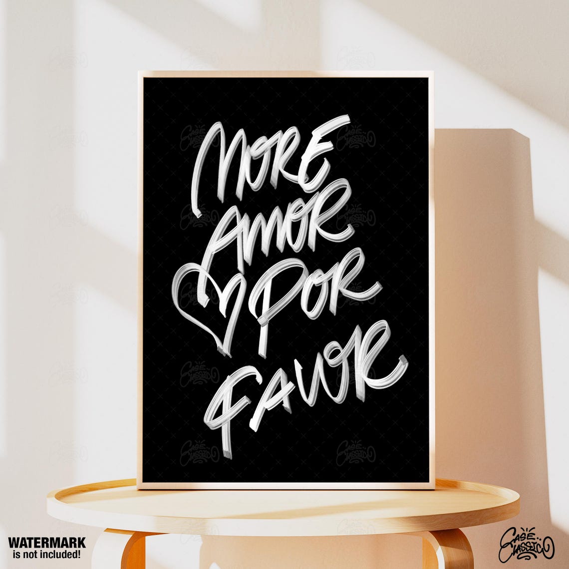 Passionate More Amor Por Favor Flowing White Script Black Poster - Image 4