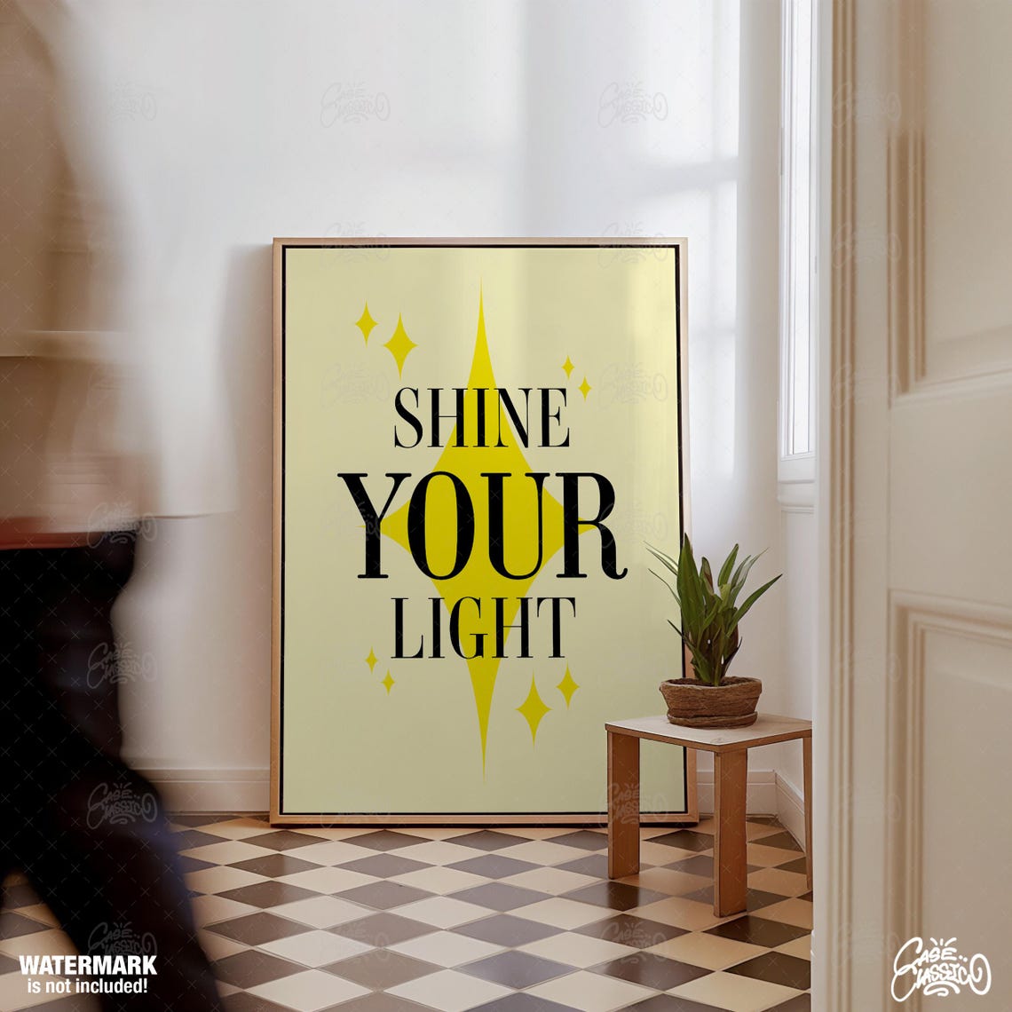Shine Your Light Classic Serif Starburst Yellow Quote Poster - Image 3