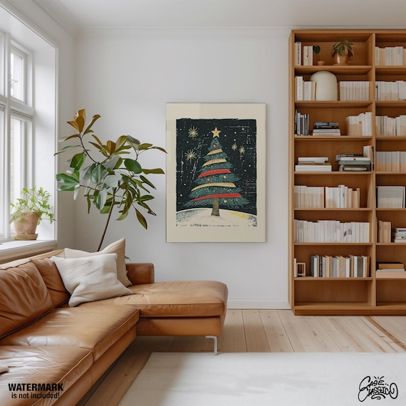 Colorful Striped Christmas Tree Linocut Style Starry Night Poster