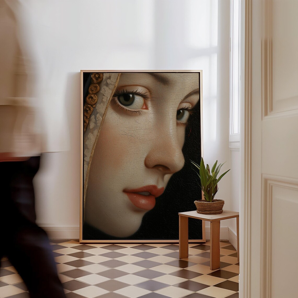 Renaissance Woman's Gaze Gold Veil Oil Painting Detail Poster - Image 4