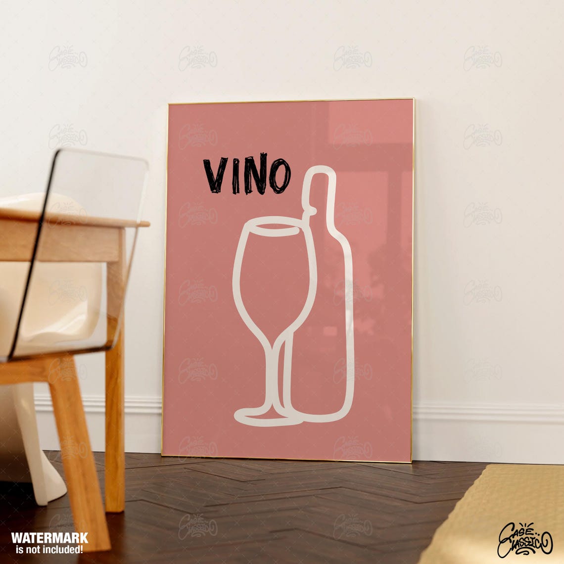Vino Minimalist White Wine Glass Bottle Line Art Coral Poster
